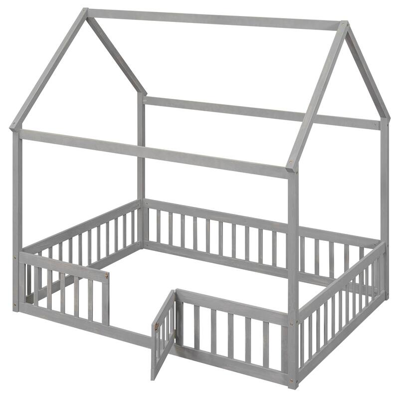Pine Wood House Bed with Fence, Door, and Solid Construction