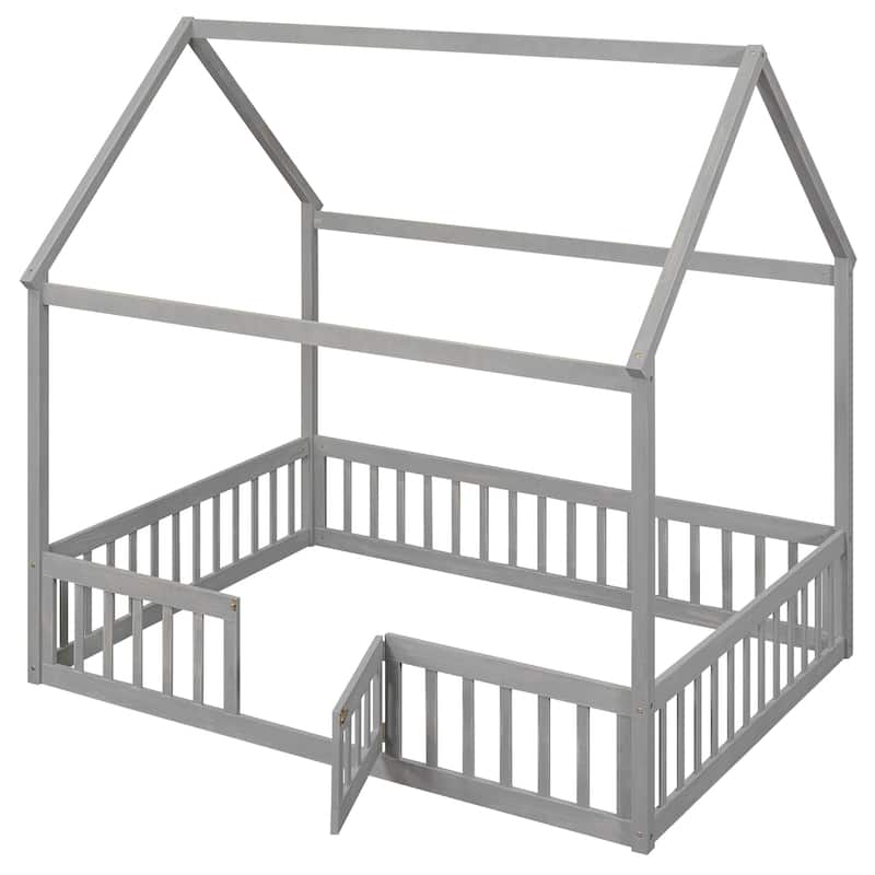 Wood House Bed with Fence and Door