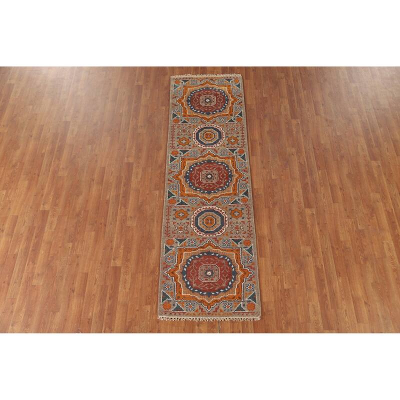 Geometric Kazak Runner Rug Handmade Wool Carpet - 2'6" x 8'2"