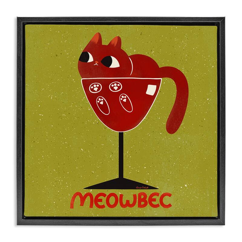 Stupell Meowbec Cat Wine Framed Floater Canvas Wall Art Design By Carrie Cantwell - 25 x 25 - Black