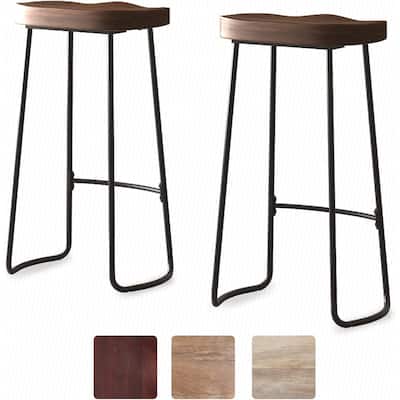 Mixoy 30" Modern Backless Wood Bar Stool with Footrest, Solid Wood Saddle Seat, Industrial Metal Legs, Counter Height Bar Stool