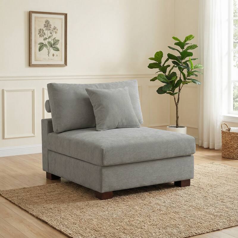 Plush Chenille Single Modular Sectional Sofa Chaise with Pillows - Grey-Armless - Symmetrical
