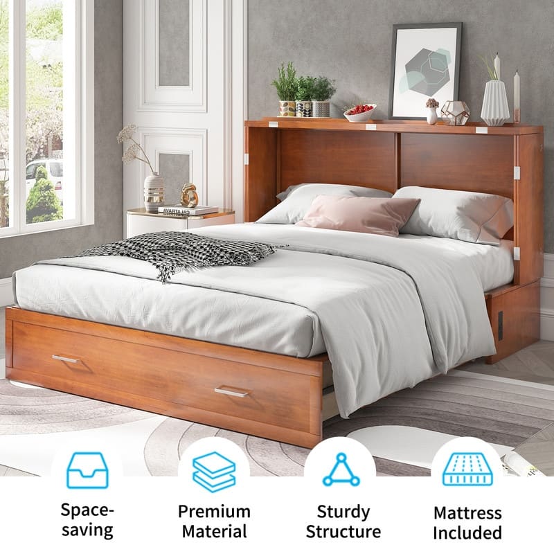 Mixoy Queen Murphy Bed Cabinet Bed Chest with Mattress,Drawers,USB Charging Station