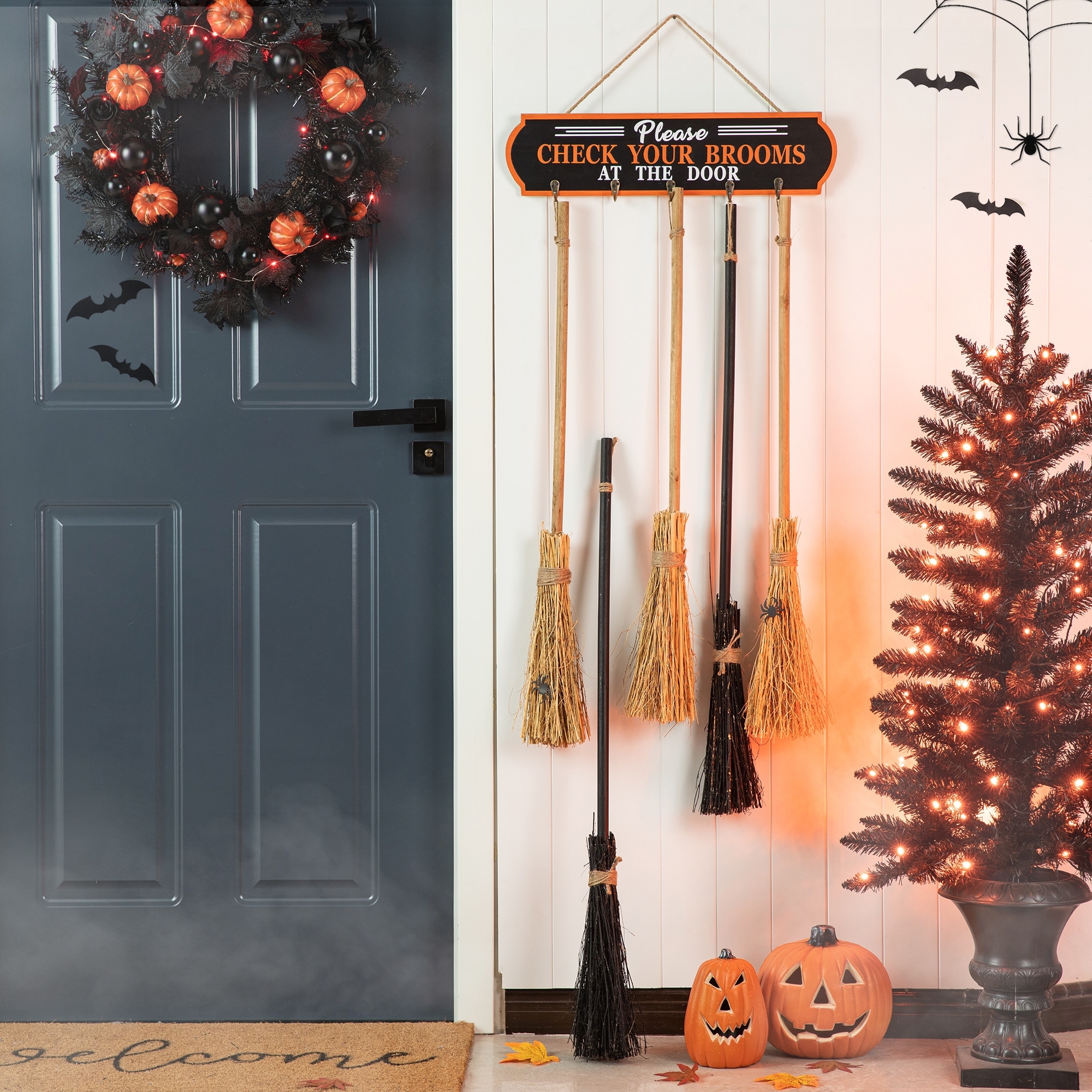 Glitzhome Halloween Set of 5pcs 42"H Wooden Parking Brooms Porch Decor