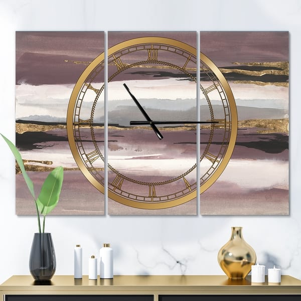 slide 2 of 6, Designart 'Purple Glam Storm I' Glam 3 Panels Oversized Wall CLock - 36 in. wide x 28 in. high - 3 panels
