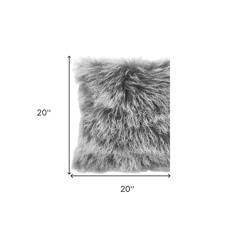 20" Grey Genuine Tibetan Lamb Fur Pillow With Microsuede Backing