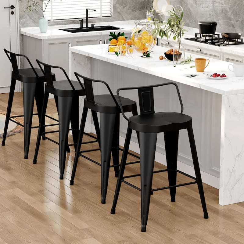 24 Inch Counter Stools Set of 4, Industrial Metal Barstools Bar Chairs with Large Seat and Low Back for Kitchen Island - Black