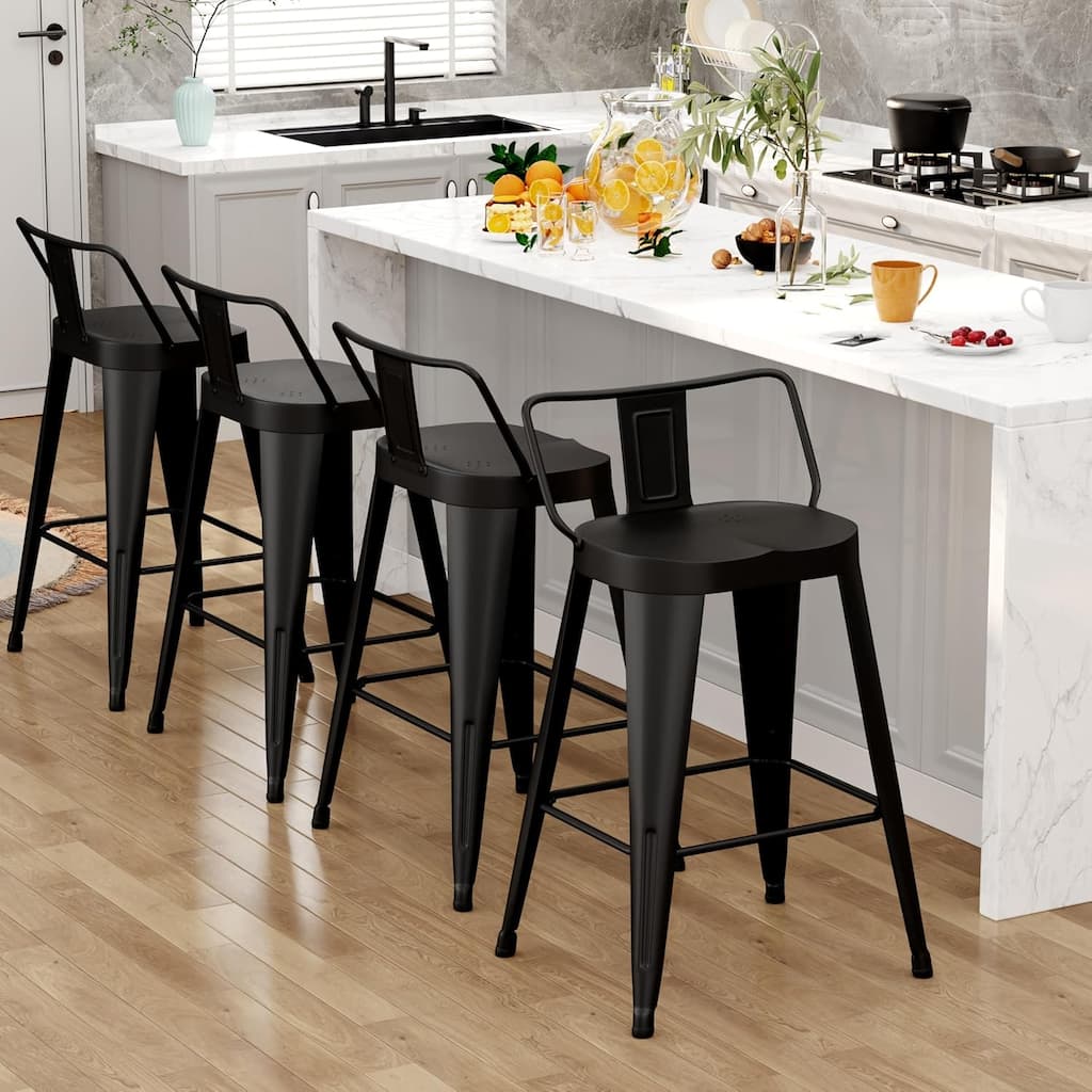 24 Inch Counter Stools Set of 4, Industrial Metal Barstools Bar Chairs with Large Seat and Low Back for Kitchen Island