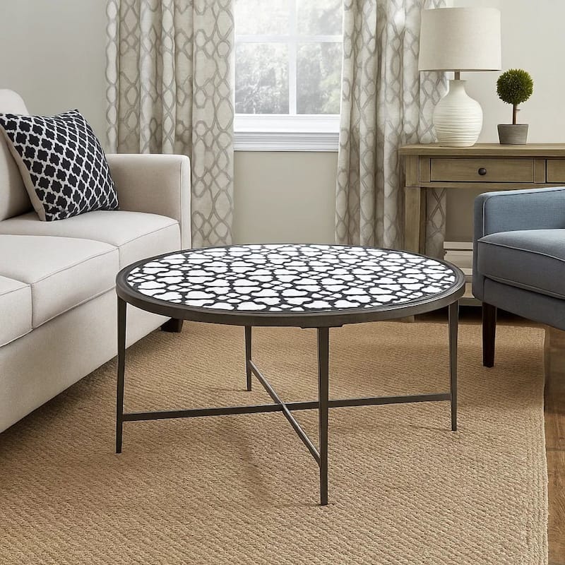 Round Glass Top Coffee Table with X Support Metal Base, Silver