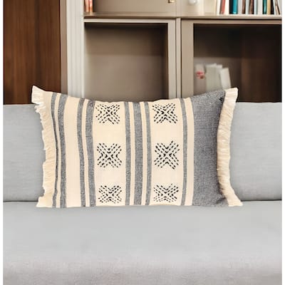 HomeRoots 14" X 20" Beige and Black Southwestern Cotton Throw Pillow With Fringe
