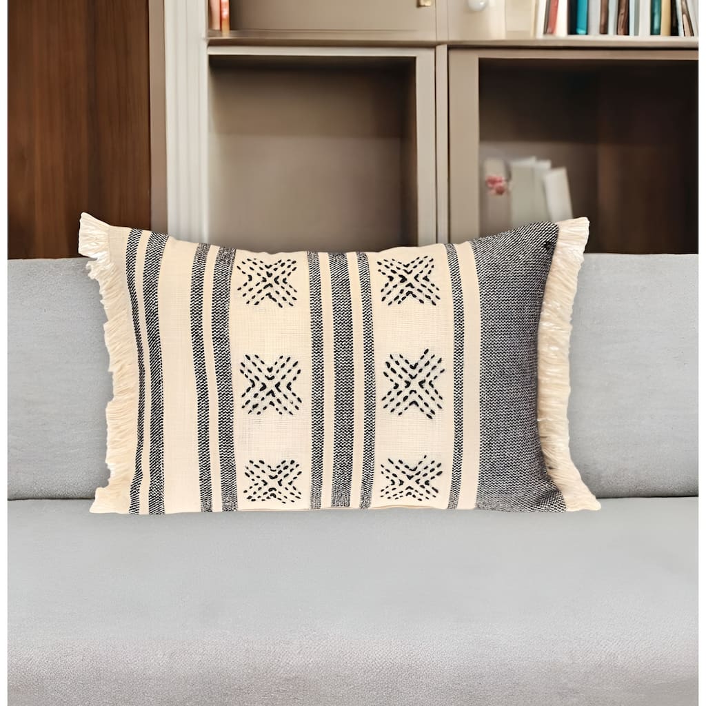 HomeRoots 14" X 20" Beige and Black Southwestern Cotton Throw Pillow With Fringe