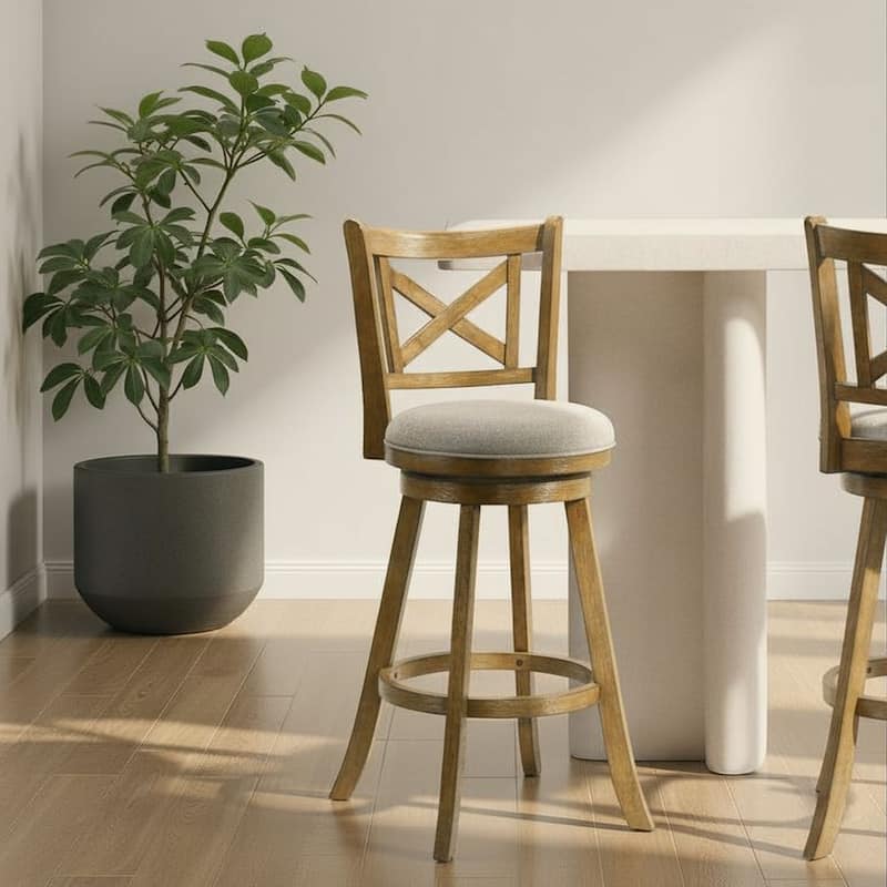 Kodi Modern Farmhouse Swivel Wood Counter Height Kitchen Bar Stool in Sepia Brown Finish with Fabric Upholstered Seat - Set of 2 - Static Gray - Bar Height