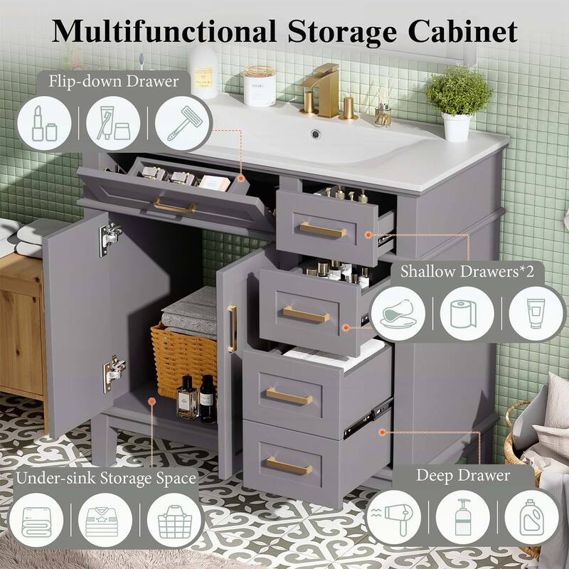 Modern Bathroom Vanity with Ceramic Sink,Soft Close Doors,and Ample Storage for Small Bathrooms