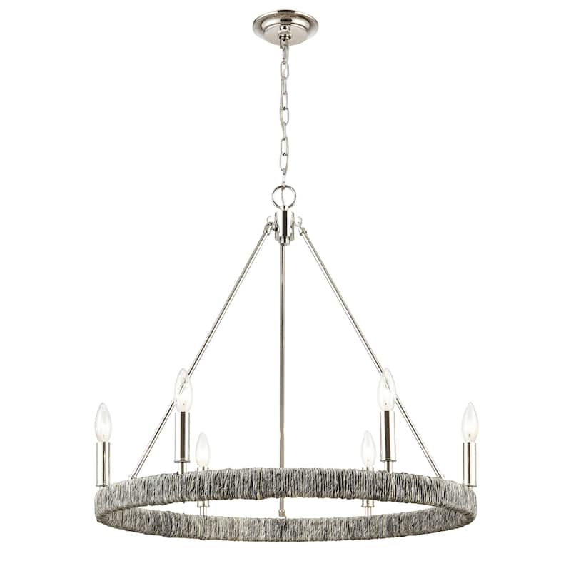 Abaca Rope Chandelier - 6-Light_Wheel - Polished Nickel
