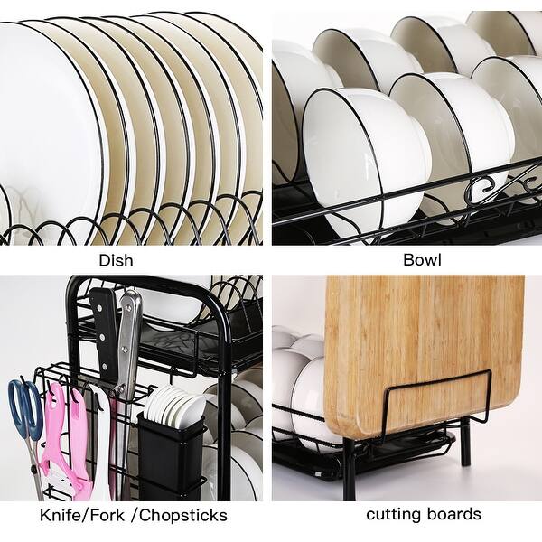 Qisebin QISTA2-2 Drying Drainboard Set Cutting Board Holder for Kitchen Counter 3 Tier Drainer Non-Slip Rack Dish Dryer with Removable Drain Black Utensil