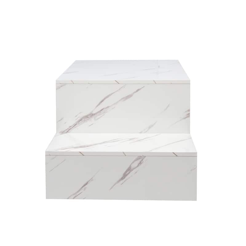 Anmytek White Faux Marble Coffee Table Modern MDF Tiered Living Room Table Open Shelf Storage Decor Accent