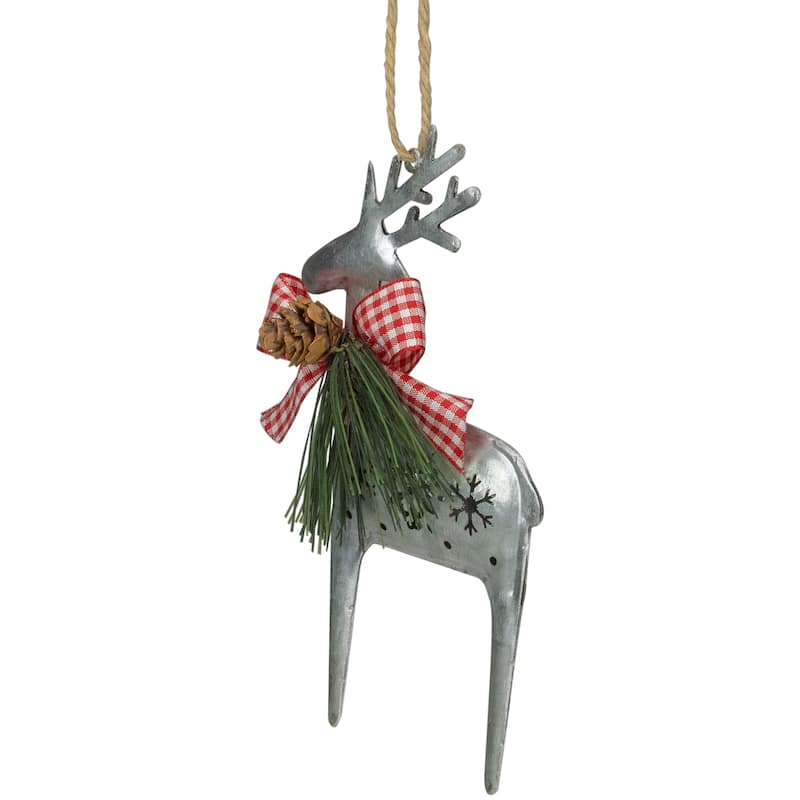 6" Silver Metal Reindeer Christmas Ornament a Red Gingham Bowtie Pine