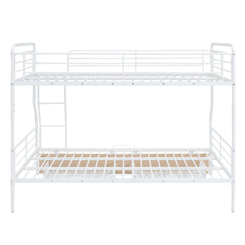 White Full XL Over Queen Metal Bunk Bed with 2 Drawers, Sturdy Iron Frame, Space-Saving Design