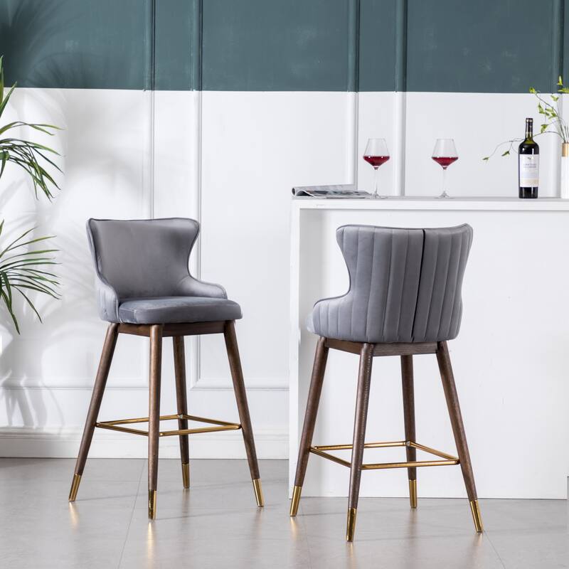 Fabric Upholstered Wingback Bar Stools Set of 2, Counter Height Bar Stools, Accent Chair with Rubber Wood Legs