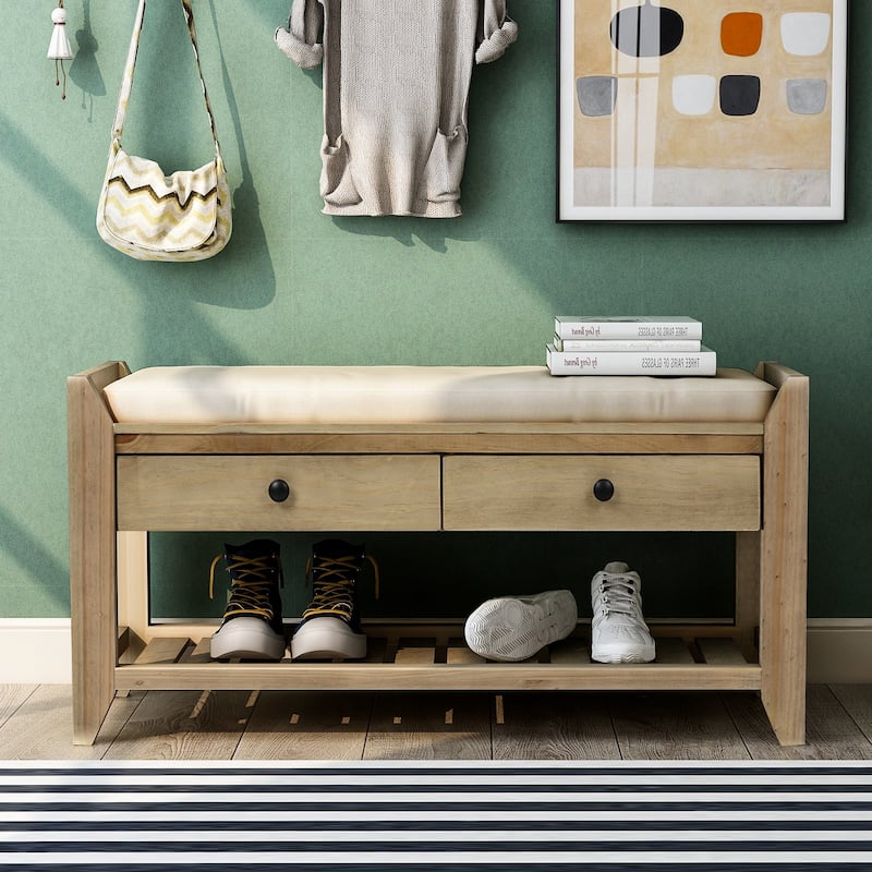Entryway Storage Bench with Cushioned Seat and Drawers - 39"L x 14"W x 19.8"H