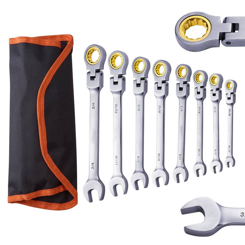8 Pieces Carbon Steel SAE Flex-Head Wrench Set with 72-Tooth Ratchet Ideal for DIY Projects or Household Repairs