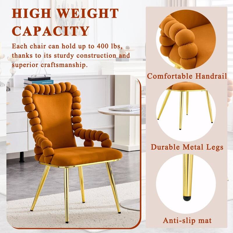 Set of 2 Puffy Bubble Velvet Dining Chairs with Ball Chain Design & Gold Legs