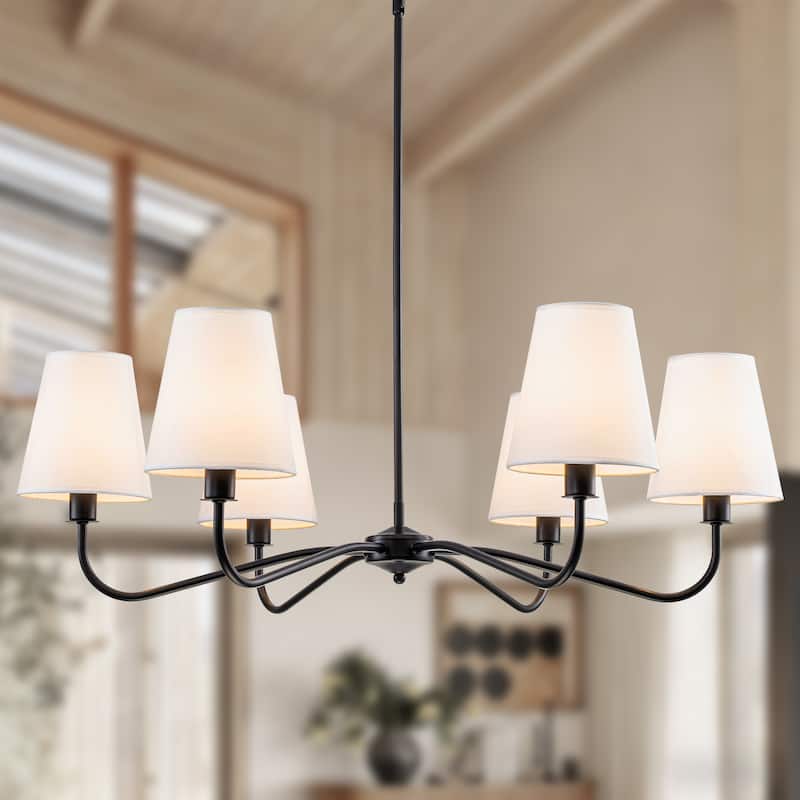 Starsky 6-Light Modern Classic Chandelier with White Linen Shades - 35"W - Black