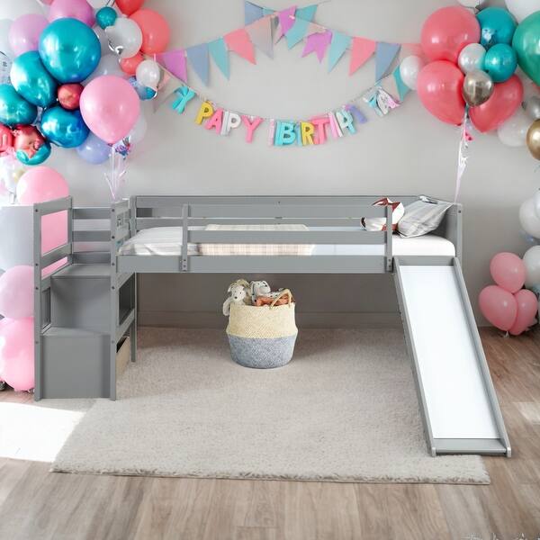 slide 2 of 18, Modern Twin Size Multiple Functional Low Loft Bed with Stairs and Slide,No Box Spring Needed Grey