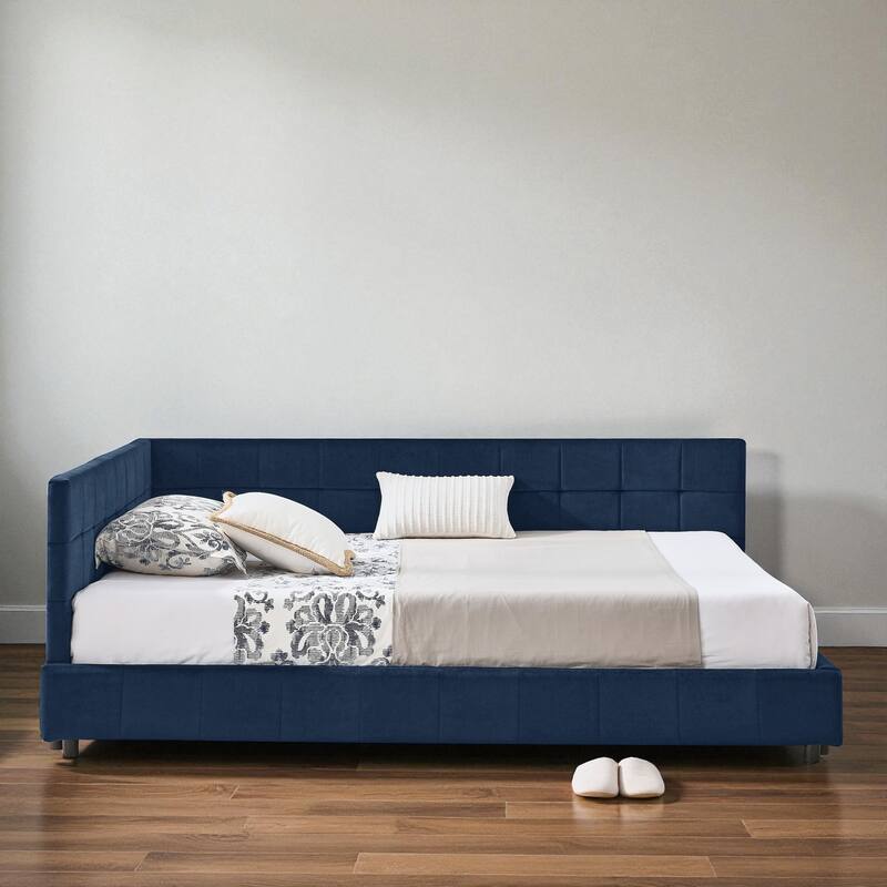 Full Size Velvet Upholstered Tufted Daybed Frame with Backrest and Armrest, Mid-Century Sofa Bed for Bedroom or Living Room