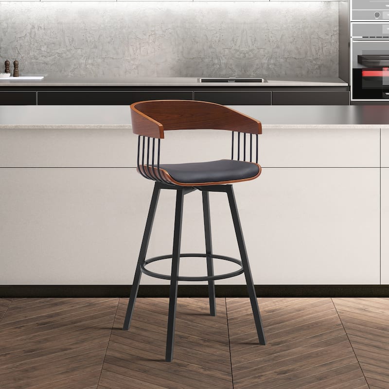 Athena Wood and Metal Upholstered Bar or Counter Swivel Stool - Black/Walnut - Bar Height