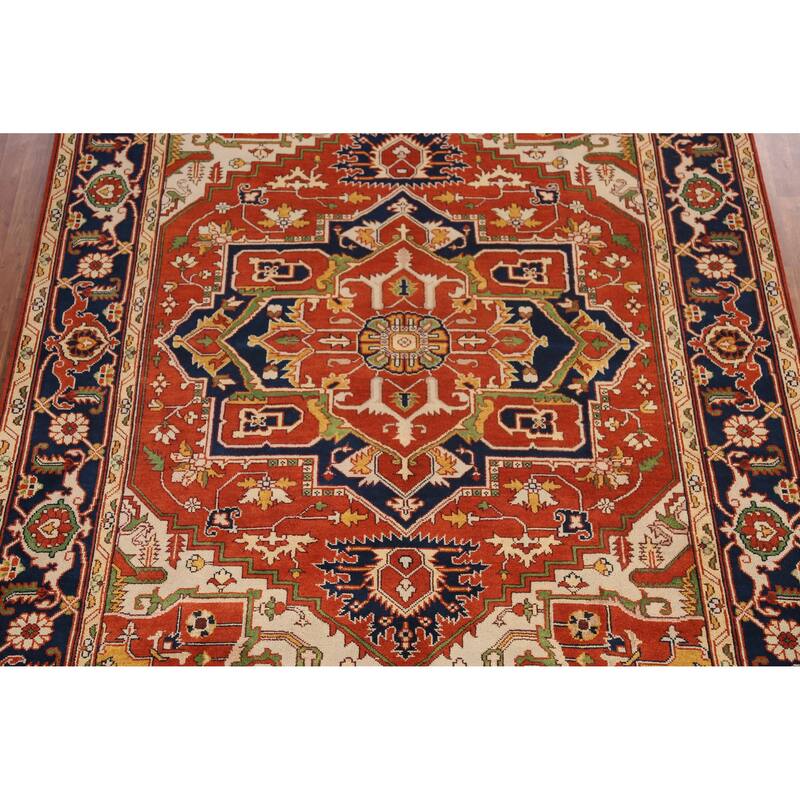 Orange Geometric Heriz Serapi Indian Area Rug Handmade Wool Carpet - 9'1" x 11'8"