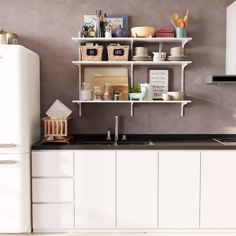 Wallniture Turin 48" Floating Bookshelves with Adjustable Brackets, Wall Shelf Unit for Living Room, Custom Tier Options, White