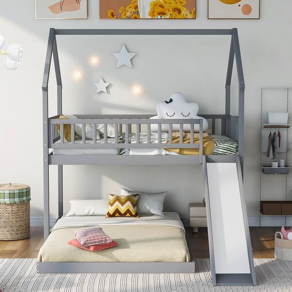 slide 2 of 26, Twin Over Full House Bunk Bed with Slide, Wooden Floor Bunk Bed w/Built-in Ladder & Safety Guardrails, for Kids Teens Girls Boys Grey - Full