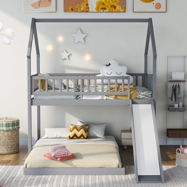 slide 2 of 27, Twin over Full House Bunk Bed with Slide and Ladder, Grey Grey