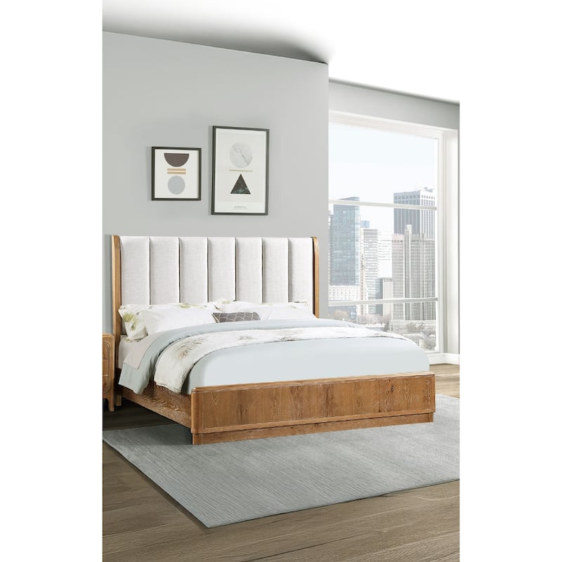 Queen Size Upholstered Panel Bed with Natural Wood Finish and Off-White Fabric