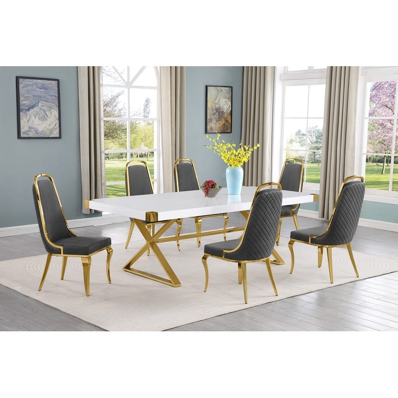 Best Quality Furniture D442/3-SC310-7 Dining Set with 94" White Lacquer Wood Top