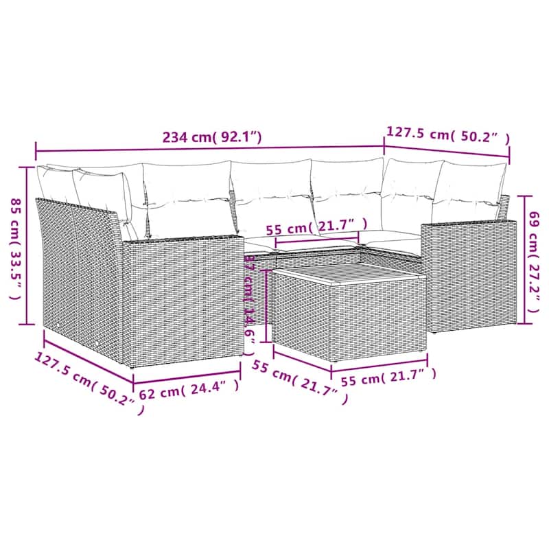 vidaXL Patio Sofa Set with Cushions Outdoor Furniture 7 Piece Poly Rattan - 21.7 x 21.7 x 14.6