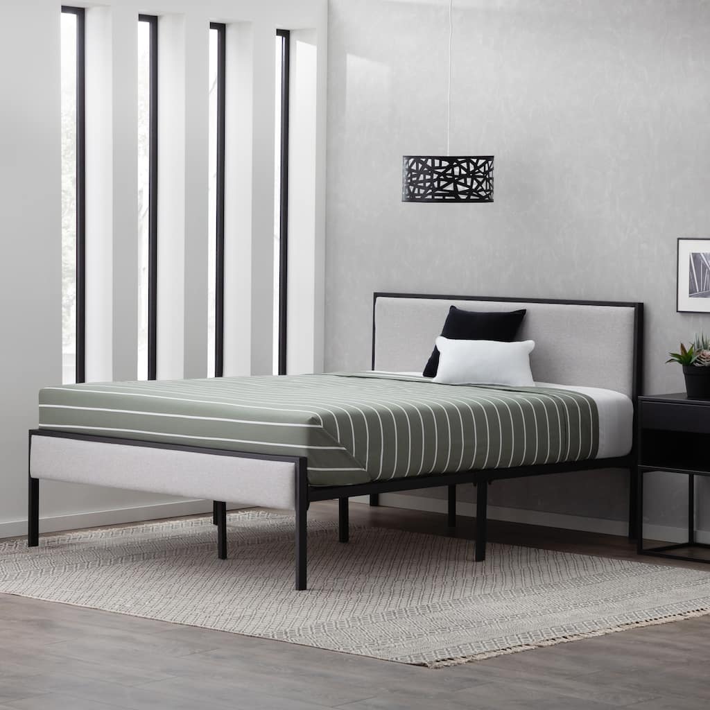 Contemporary Gray King Metal Platform Bed Frame with Upholstered Headboard