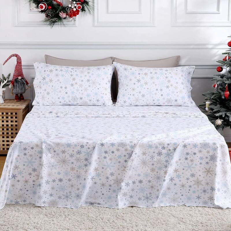 Christmas Snowflake Bed Sheets Set with 16 Inches Deep Pocket - King