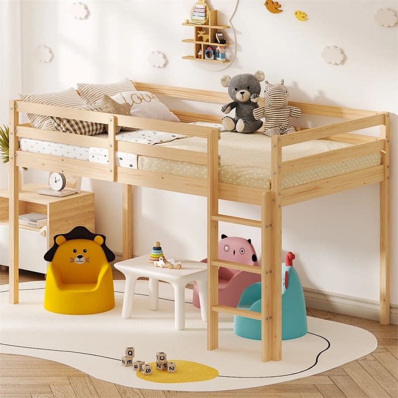 Solid Wood Toddler Platforms Loft Bed Twin Size With Stairs