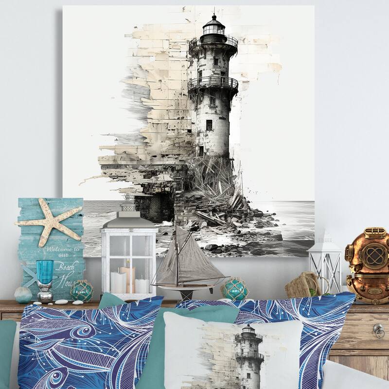 Designart "Mysterious Black And White Lighthouse I" Coastal Wall Art