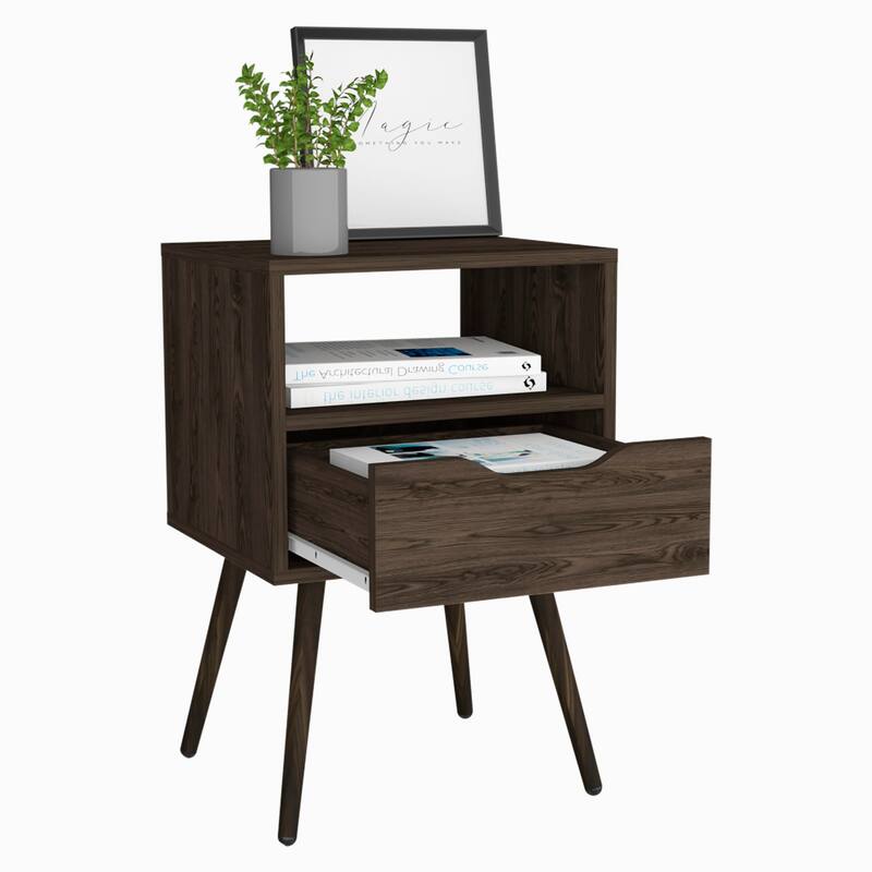 Dark Walnut Nightstand with Open Shelf, Drawer, and Four Legs