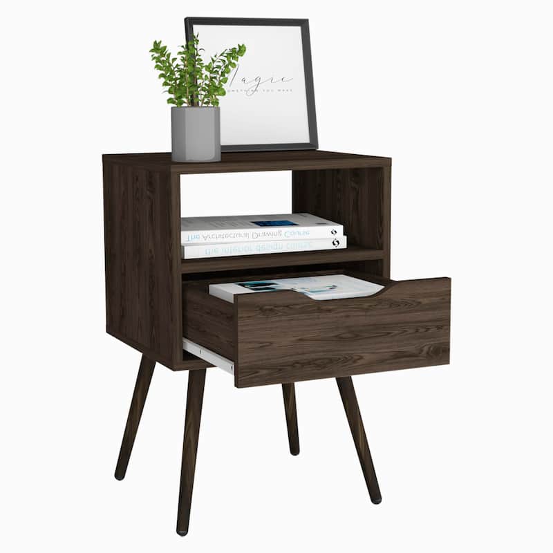 Nightstand 25"H, Superior Top, Four Legs, One Open Shelf, One Drawer, Dark Walnut