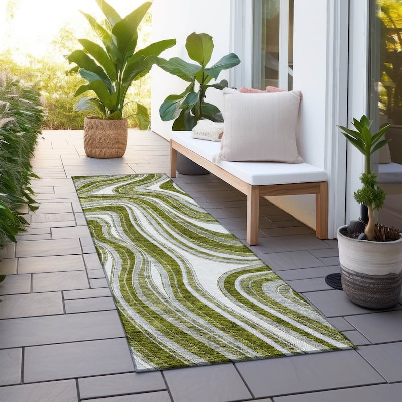 Machine Washable Indoor/ Outdoor Chantille Contemporary Abstract Rug - Olive - 2'3" x 7'6"