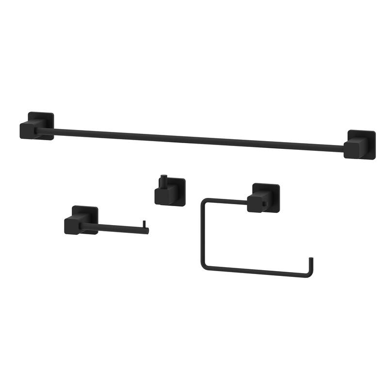 VIGO Meridian 4-Piece Bathroom Hardware Accessory Set with 24 in. Towel Bar, Toilet Paper Holder, Hand Towel Holder, Hook - Matte Black