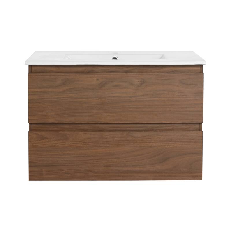 30" Wall-Mounted Bathroom Vanity With Ceramic Sink, 2-Soft Close Drawers