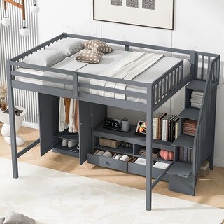 Full Size Loft Bed w/ Wardrobe Storage Table and Storage Staircase