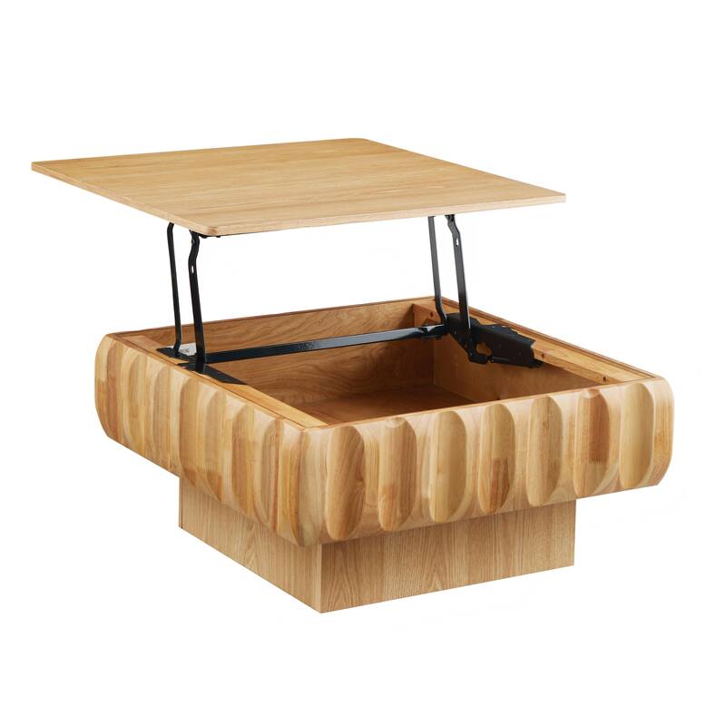 Square Lift-Top Coffee Table with Solid Wood Frame and Hidden Storage - Natural Wood