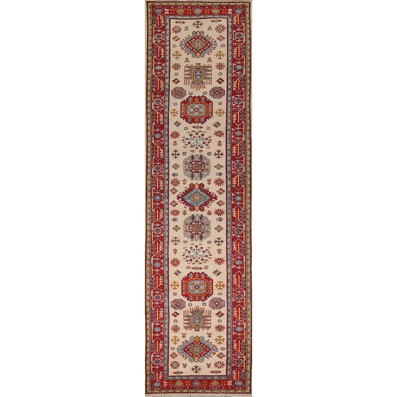 Geometric Beige Kazak Oriental Runner Rug Handmade Wool Carpet - 2'9" x 12'10"