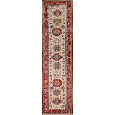 Geometric Beige Kazak Oriental Runner Rug Handmade Wool Carpet - 2'9" x 12'10"